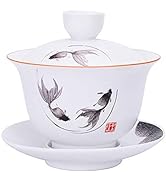 Porcelain Gaiwan 8oz Teacup White Glazed Tureen Chinese Sancai Cover Bowl Lip Cup Saucer Set (Fish)