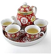 Chinese Tea Gift 6pcs Set Service Porcelain Tea Pot 4 Cups tray for Adults Men Women Tea Ceremony...