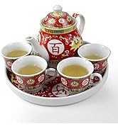 Chinese Tea Gift 6pcs Set Service Porcelain Tea Pot 4 Cups tray for Adults Men Women Tea Ceremony...