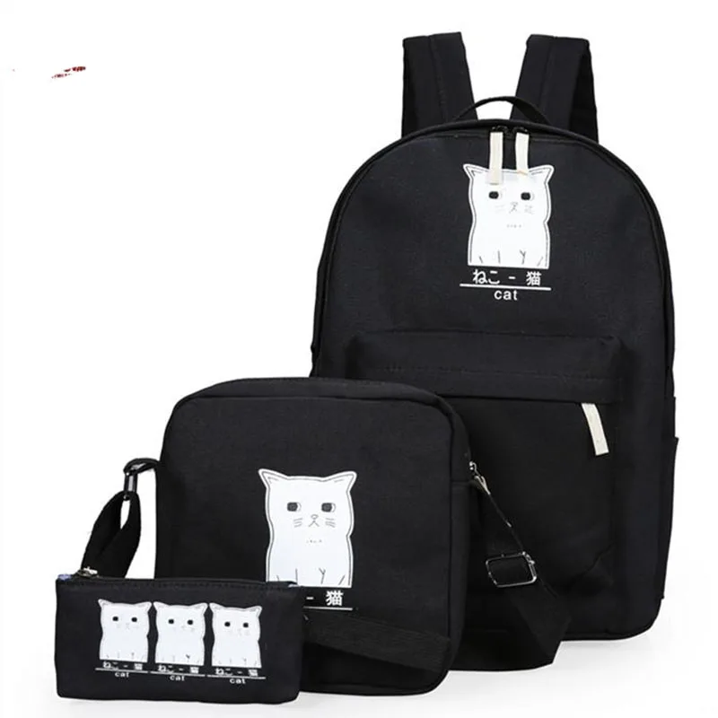 3Pcs/set Canvas Women Backpacks Schoolbag Printing Cute Cat School Bag Backpack For Teenager Girls Green Rucksack Moclila