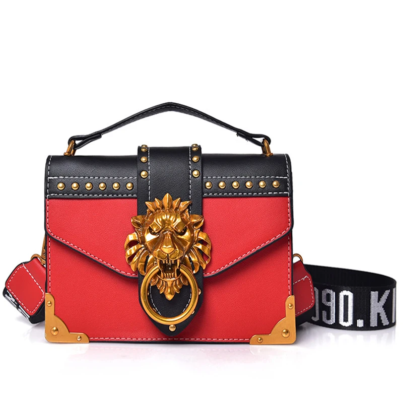 Fashion Metal Lion Handbags Crossbody Bags Women Metal Lion Head Brand Rivet Shoulder Purse Mini Square Messenger Bag