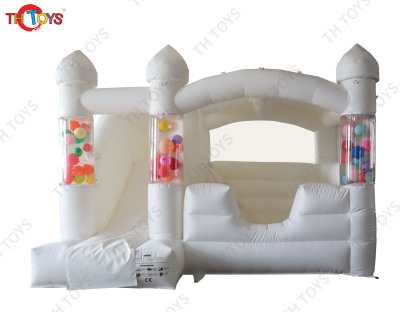 Inflatable white bouncy house with floating balloons, commercial wedding bouncy castle with slide combos