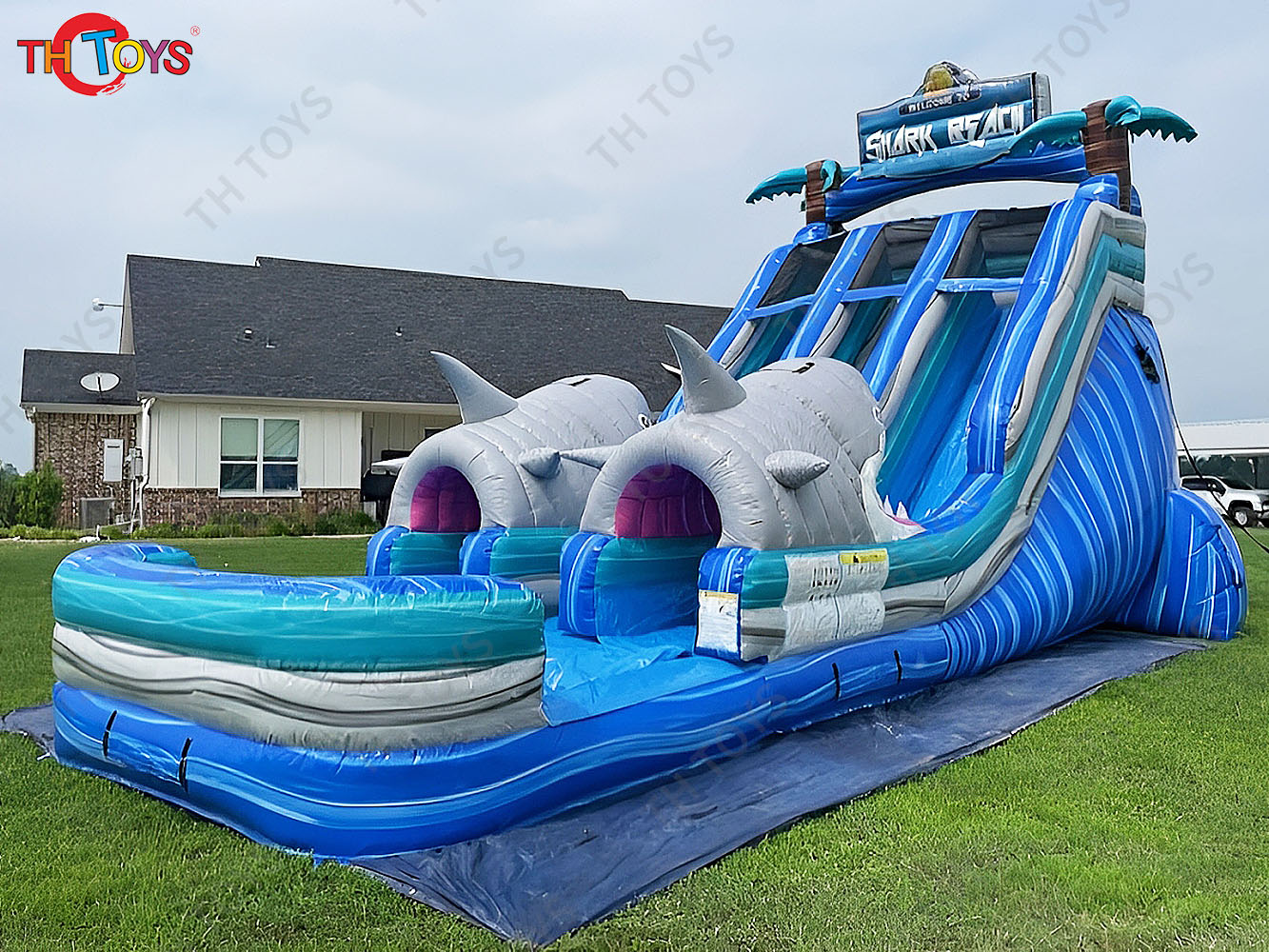 inflatable water slide, customized shark Inflatable slide with Pool for commercial rental