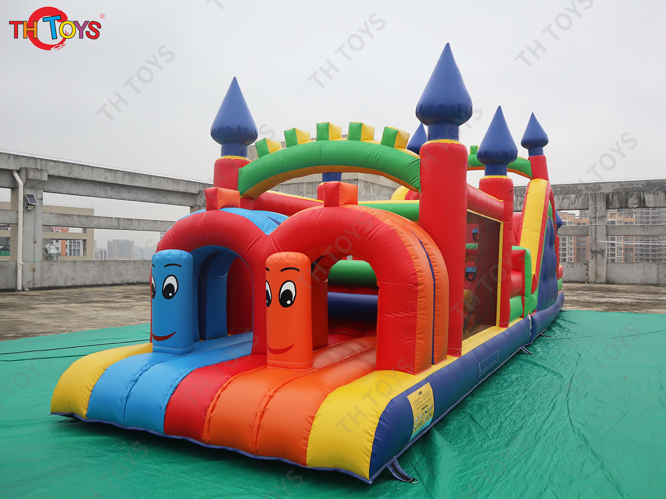 Team work Challenge Double Track inflatable Obstacle Course, Dual Channel Bouncy slide with obstacle sport game