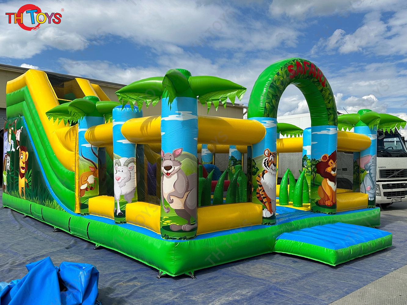 by ship to sea port，Amusement Park jungle Inflatable Fun City,commerical Forest Animals bouncy slide inflatable playground
