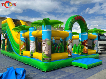by ship to sea port，Amusement Park jungle Inflatable Fun City,commerical Forest Animals bouncy slide inflatable playground