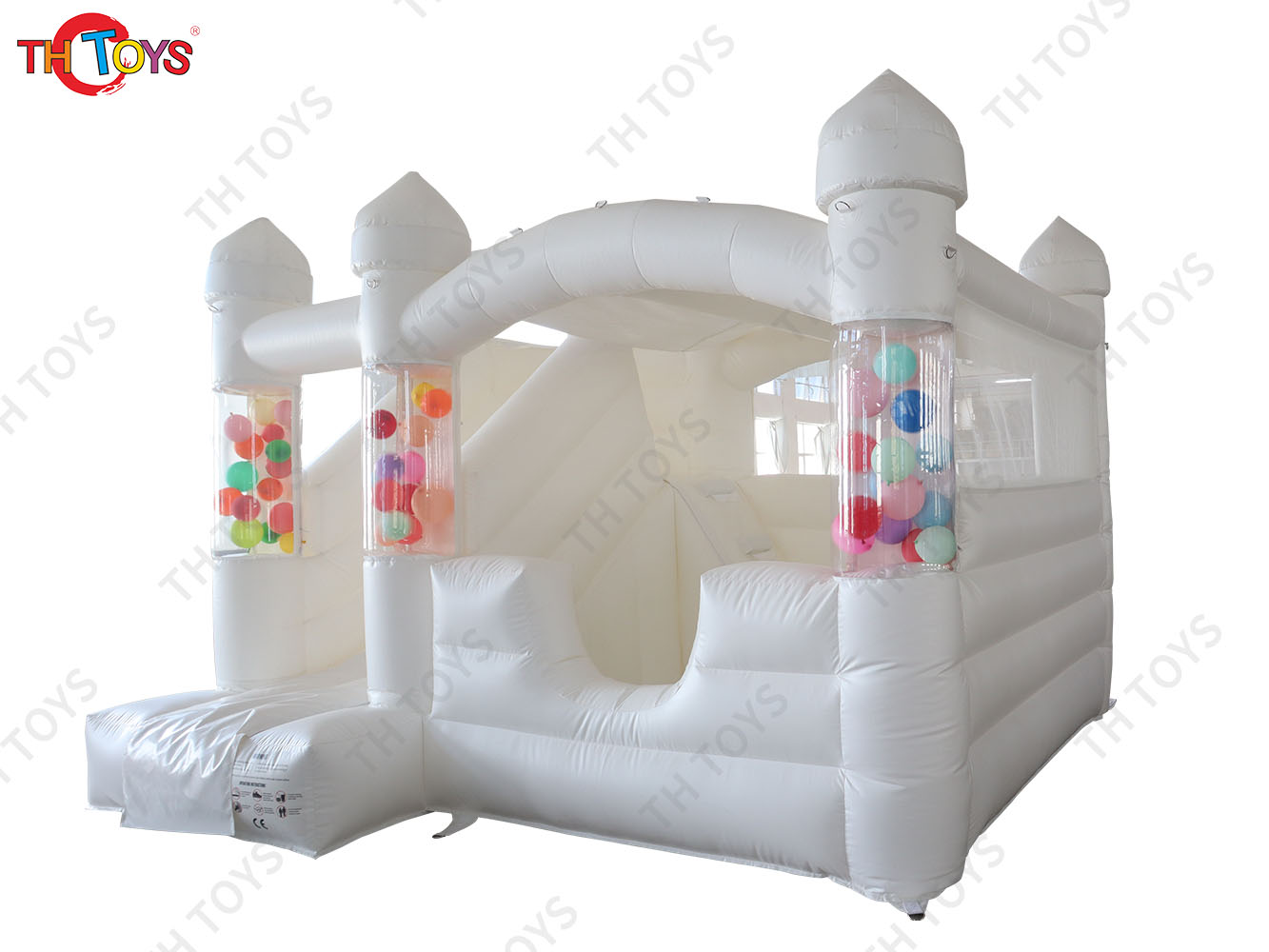 Inflatable white bouncy house with floating balloons, commercial wedding bouncy castle with slide combos
