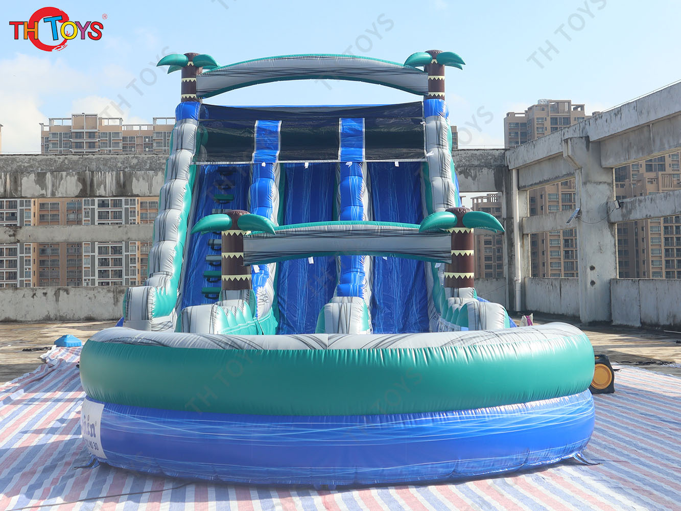 14m giant inflatable water slide, customized Inflatable Tropical Water Slide n slip with Pool for commercial rental