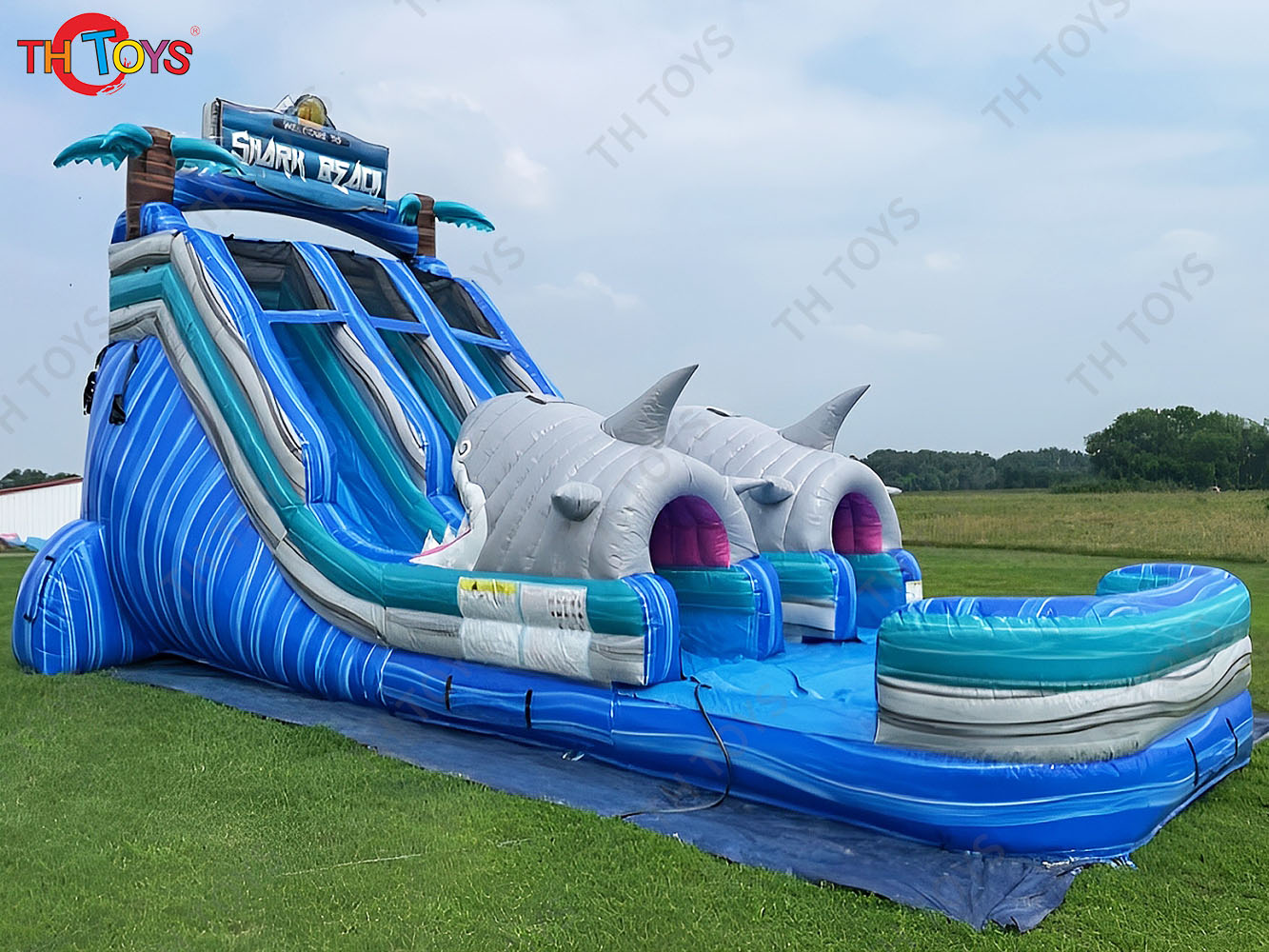 inflatable water slide, customized shark Inflatable slide with Pool for commercial rental