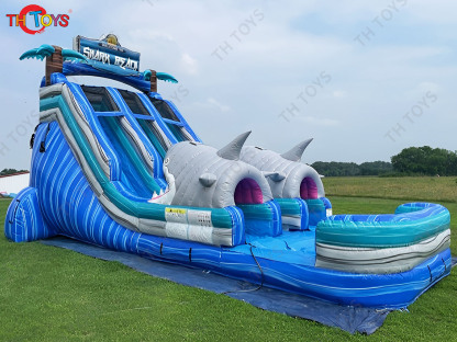 inflatable water slide, customized shark Inflatable slide with Pool for commercial rental