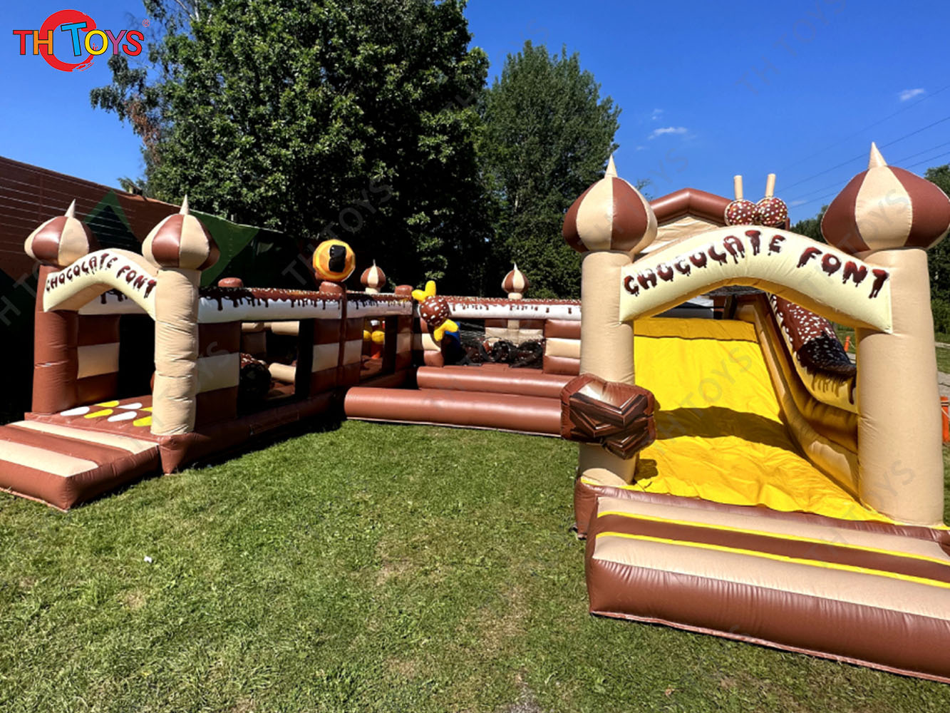 Customized Kids Amusement inflatable Bouncy Castle With Slide, Chocolate Theme commercial Inflatable obstacle course for sale