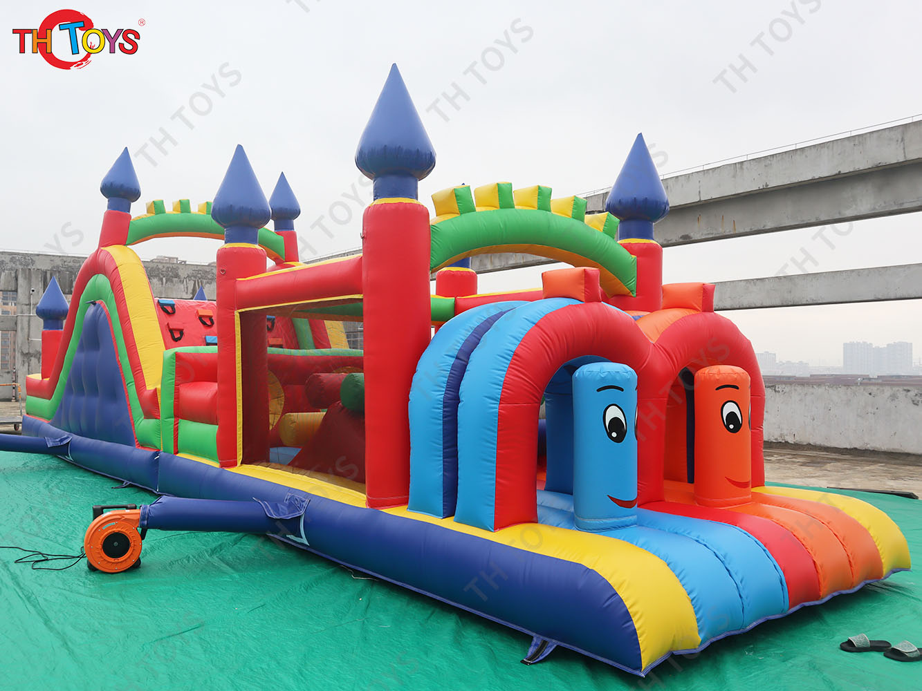 Team work Challenge Double Track inflatable Obstacle Course, Dual Channel Bouncy slide with obstacle sport game