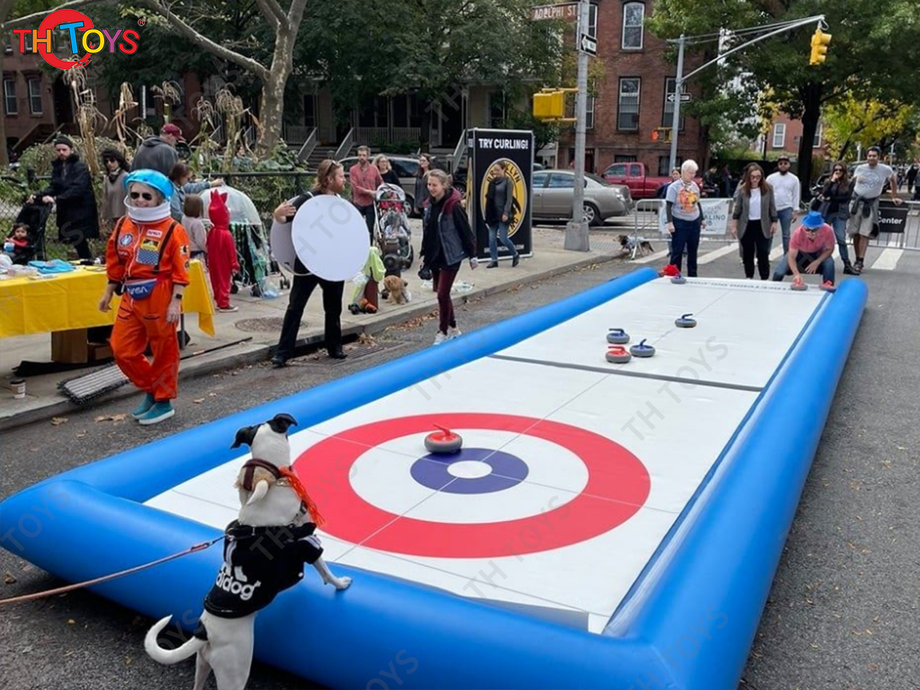  6x2.5m Portable Inflatable Street Curling Game Express Rink Floor Curling Lane With 8pcs Hovering Stones