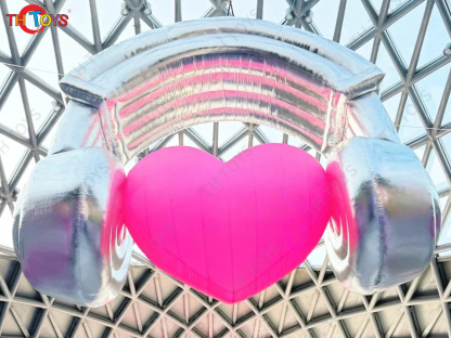 Commercial Advertising Inflatable Heart Balloon with Head Phone Blow Up Inflatable Pink Heart-Shaped Ground Balloon Decoration