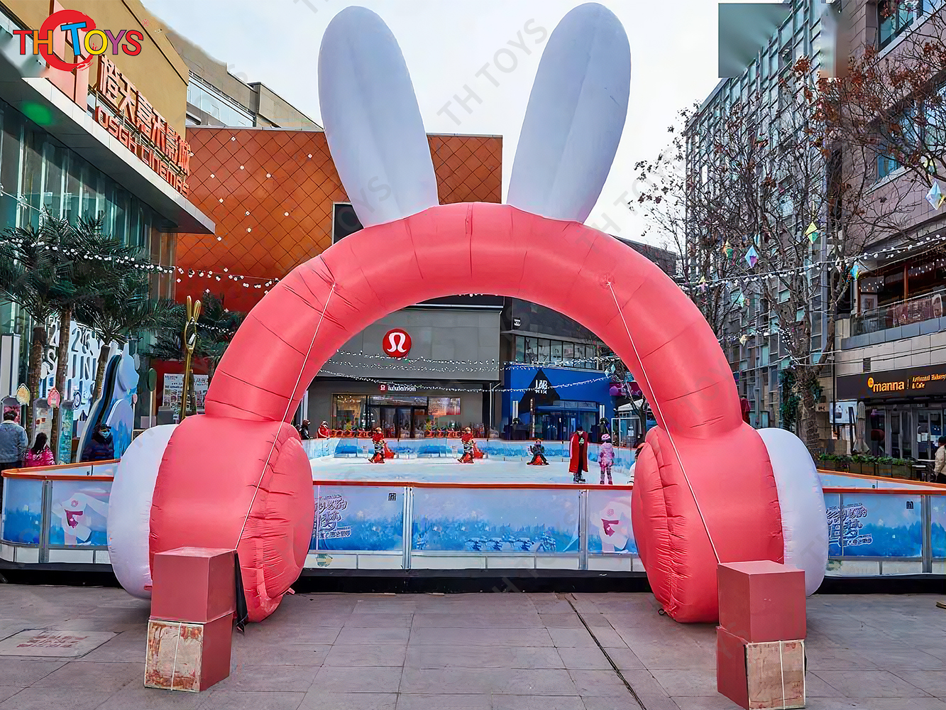 5m 17ft width Custom Inflatable Arch Rabbit Headphones, outdoor Pink Inflatable Archway with light