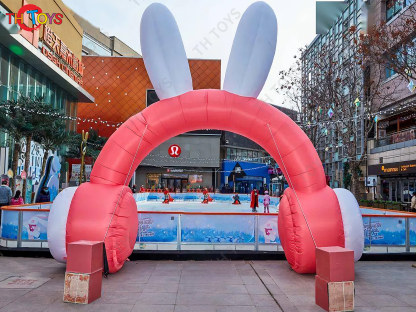5m 17ft width Custom Inflatable Arch Rabbit Headphones, outdoor Pink Inflatable Archway with light