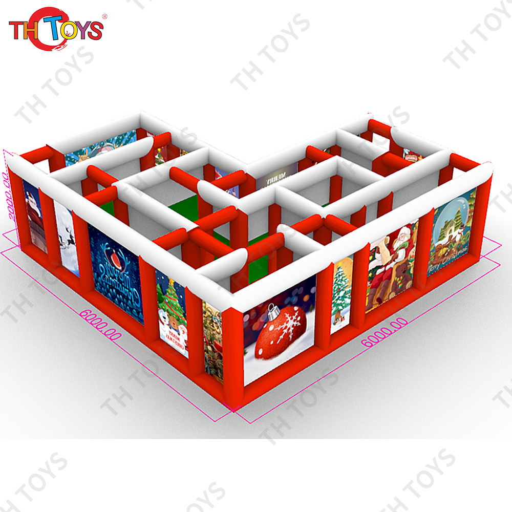 Free Air Shipping 6x6m T Shape Inflatable Christmas Maze Full Printing Christmas Santa Claus Labyrinth Haunted House for Sale