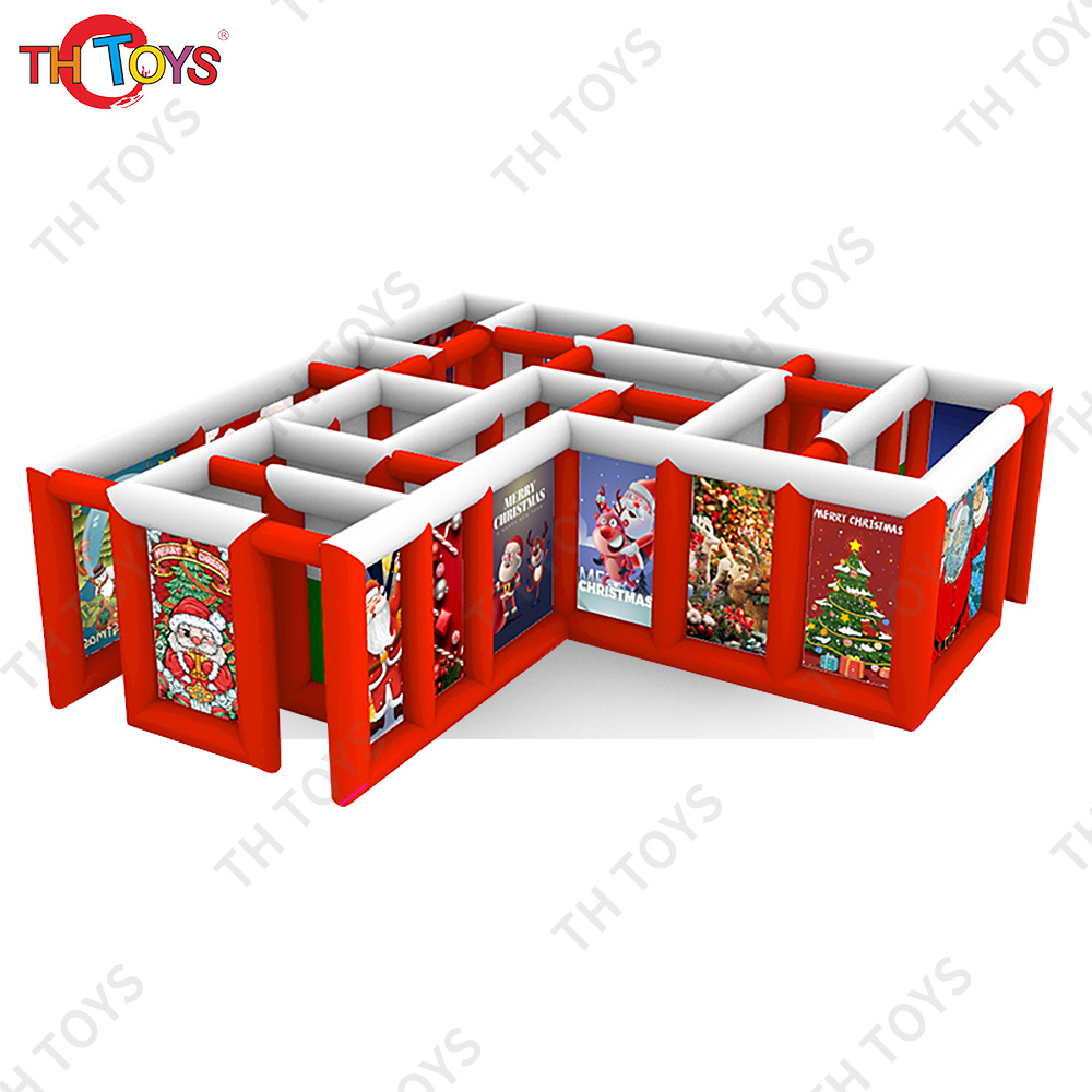 Free Air Shipping 6x6m T Shape Inflatable Christmas Maze Full Printing Christmas Santa Claus Labyrinth Haunted House for Sale