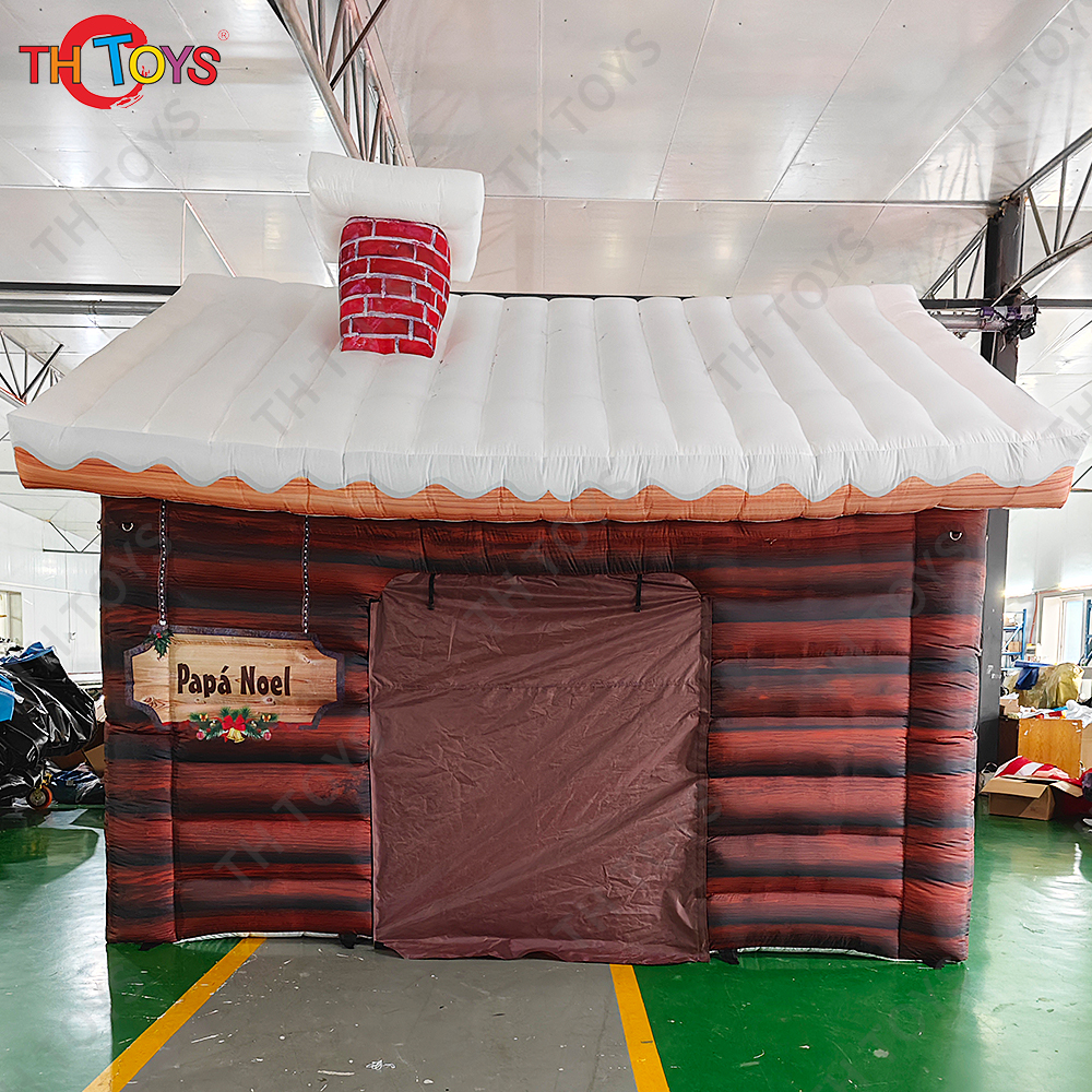 3x3m inflatable Santa Grotto Tent Xmas day brown Inflatable Christmas Log Cabin for Outdoor Decoration