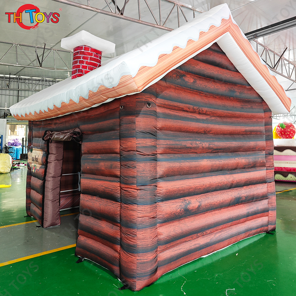 3x3m inflatable Santa Grotto Tent Xmas day brown Inflatable Christmas Log Cabin for Outdoor Decoration