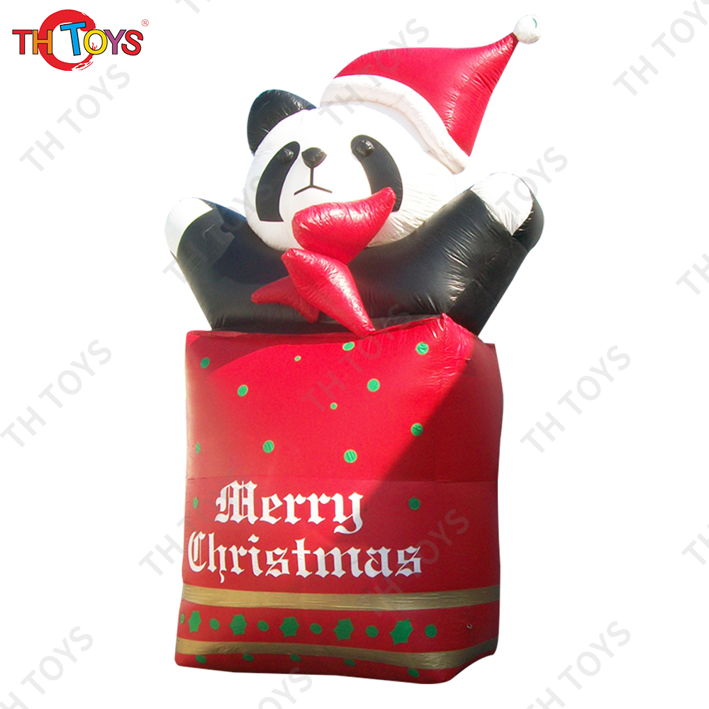 Outdoor Christmas Inflatable Panda with Christmas hat Sit on the Gift Box for Holiday decoration