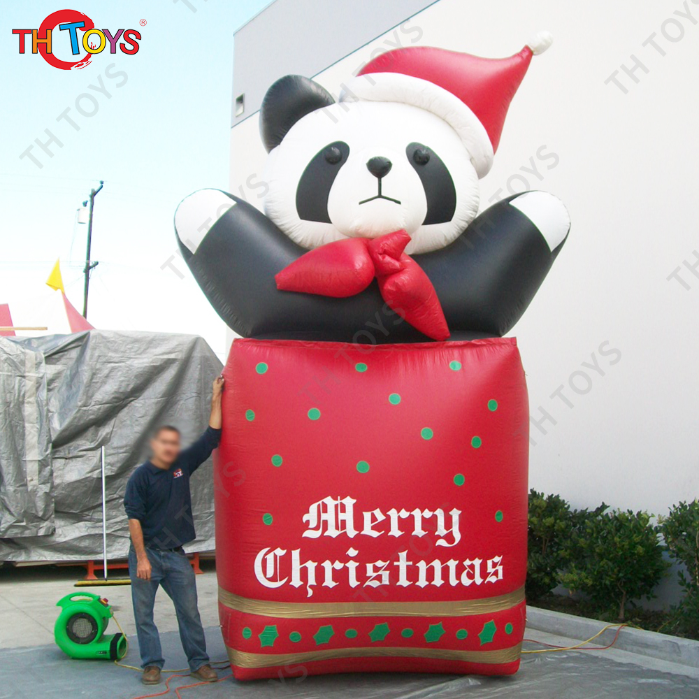 Outdoor Christmas Inflatable Panda with Christmas hat Sit on the Gift Box for Holiday decoration