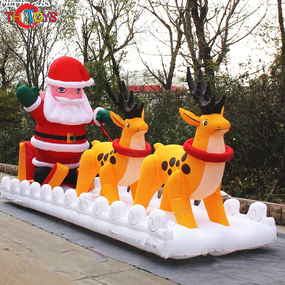 Free Door Shipping 5m long Santa Claus Riding Inflatable Sledge for Christmas Advertising Xmas Festival Decoration