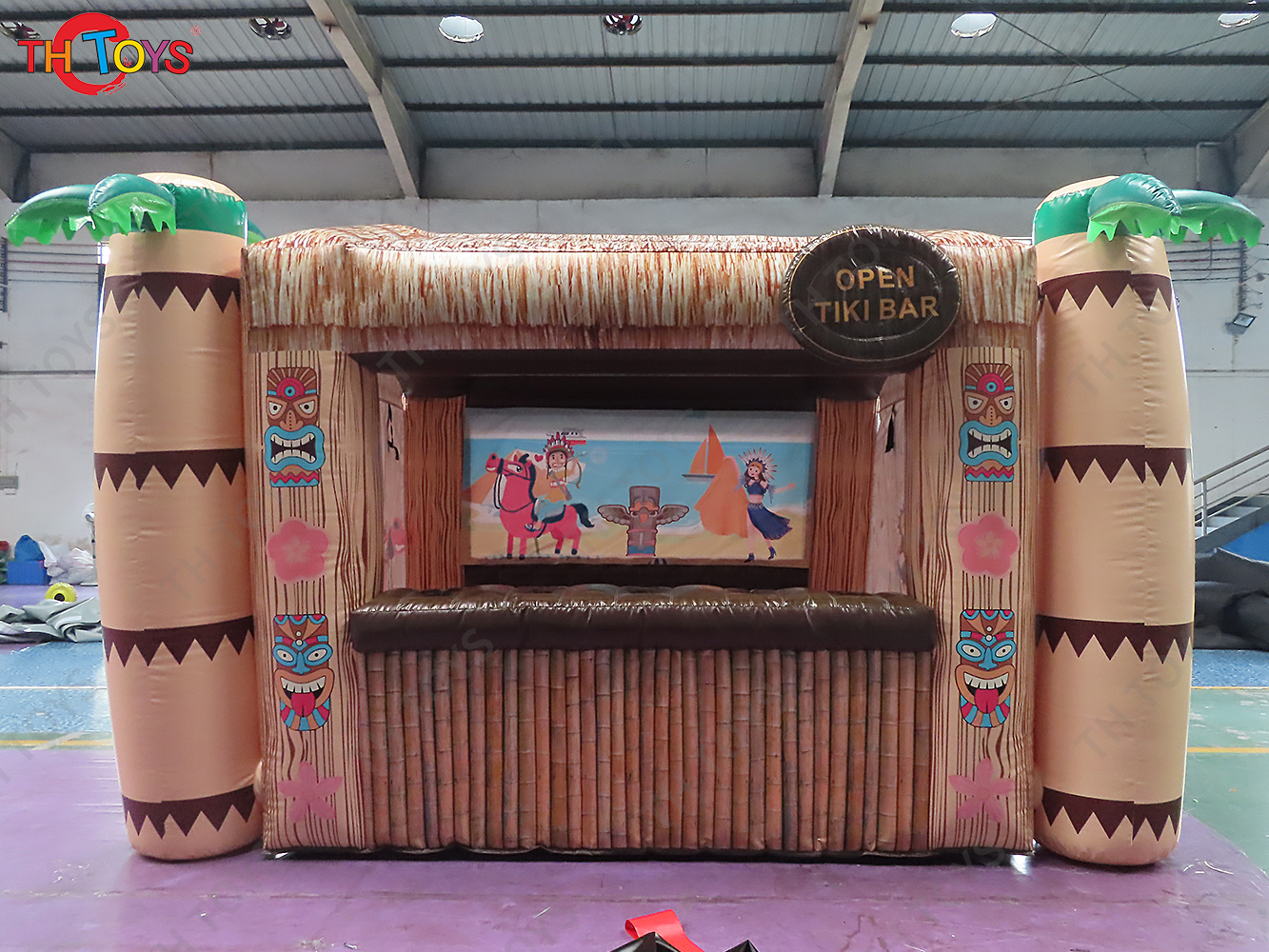 Tropic Inflatable Tiki Bar with Original Islander Backdrop Bamboo Fence and Coconut Tree for Vacation