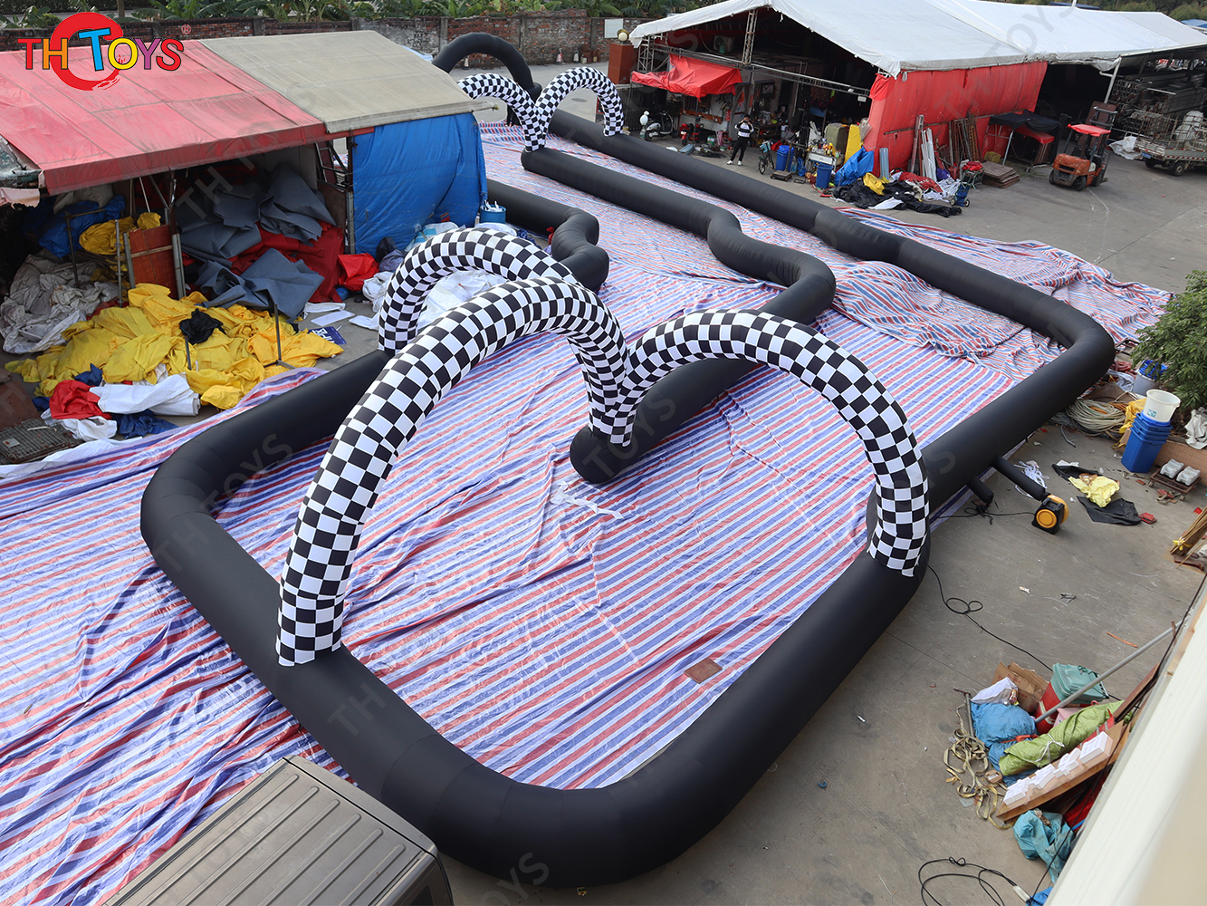 25x20m custom inflatable zorb ball go kart track, black air track inflatable race track outdoors