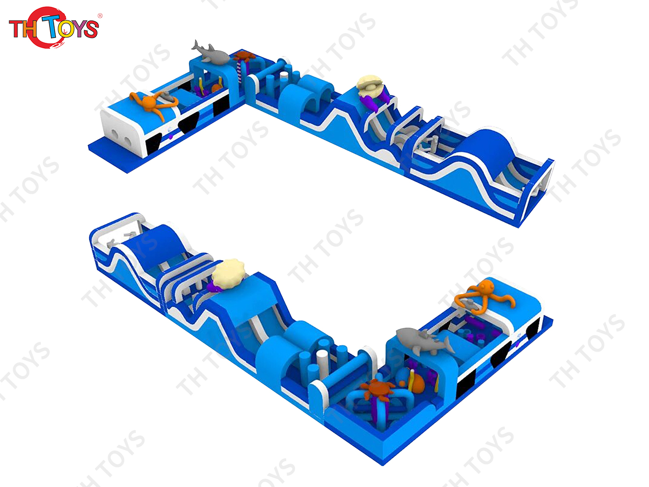 New Design 45m Long 2 in 1 L Shape Jungle Playground Inflatable Obstacle Course for Amusement Park