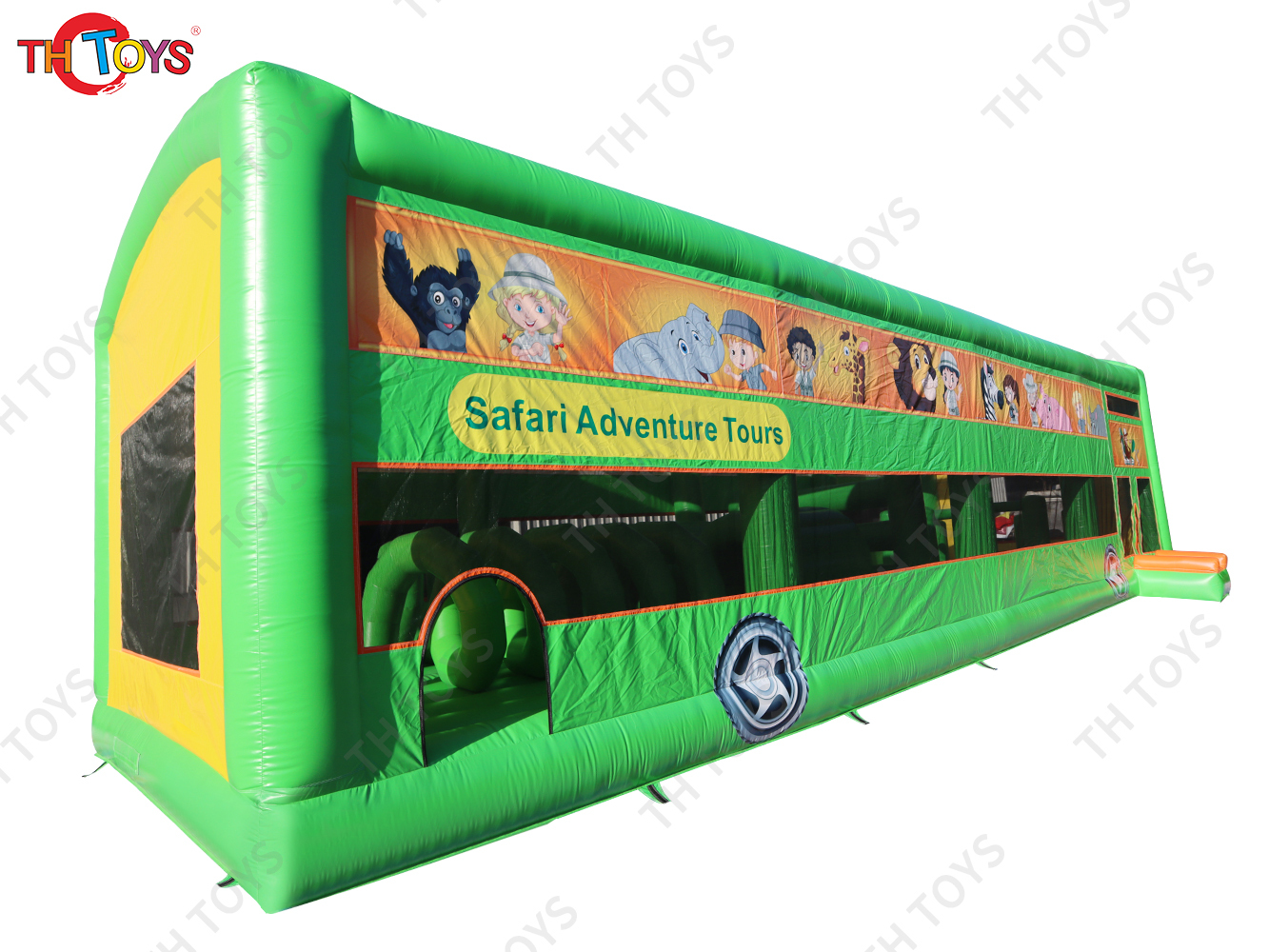 15x5m Safari Adventure Tours Bus Inflatable Jungle Bus Obstacle Course School Bus Inflatable Bouncy Castle