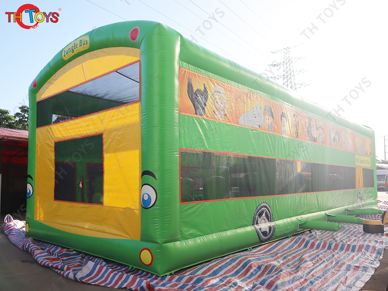 15x5m Safari Adventure Tours Bus Inflatable Jungle Bus Obstacle Course School Bus Inflatable Bouncy Castle