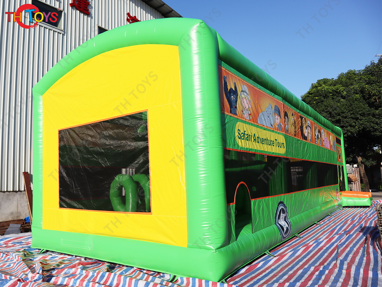 15x5m Safari Adventure Tours Bus Inflatable Jungle Bus Obstacle Course School Bus Inflatable Bouncy Castle