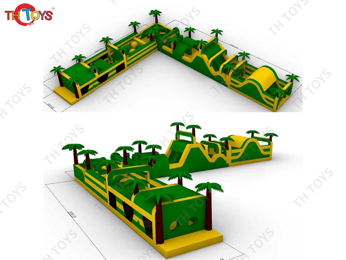 New Design 45m Long 2 in 1 L Shape Jungle Playground Inflatable Obstacle Course for Amusement Park