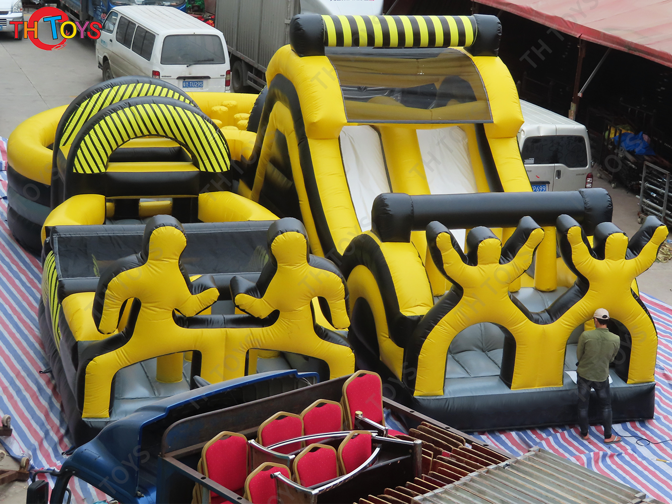 12x7m inflatable obstacle course racing slide team work sport game, inflatable jungle funland slide combo