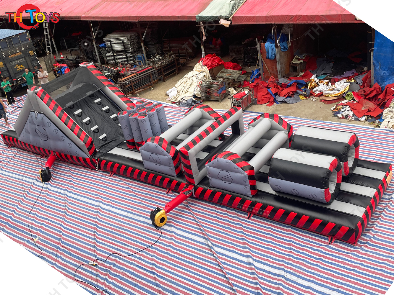 15x3x4m Commercial outdoor interactive challenge inflatable obstacle course for team work building sport games