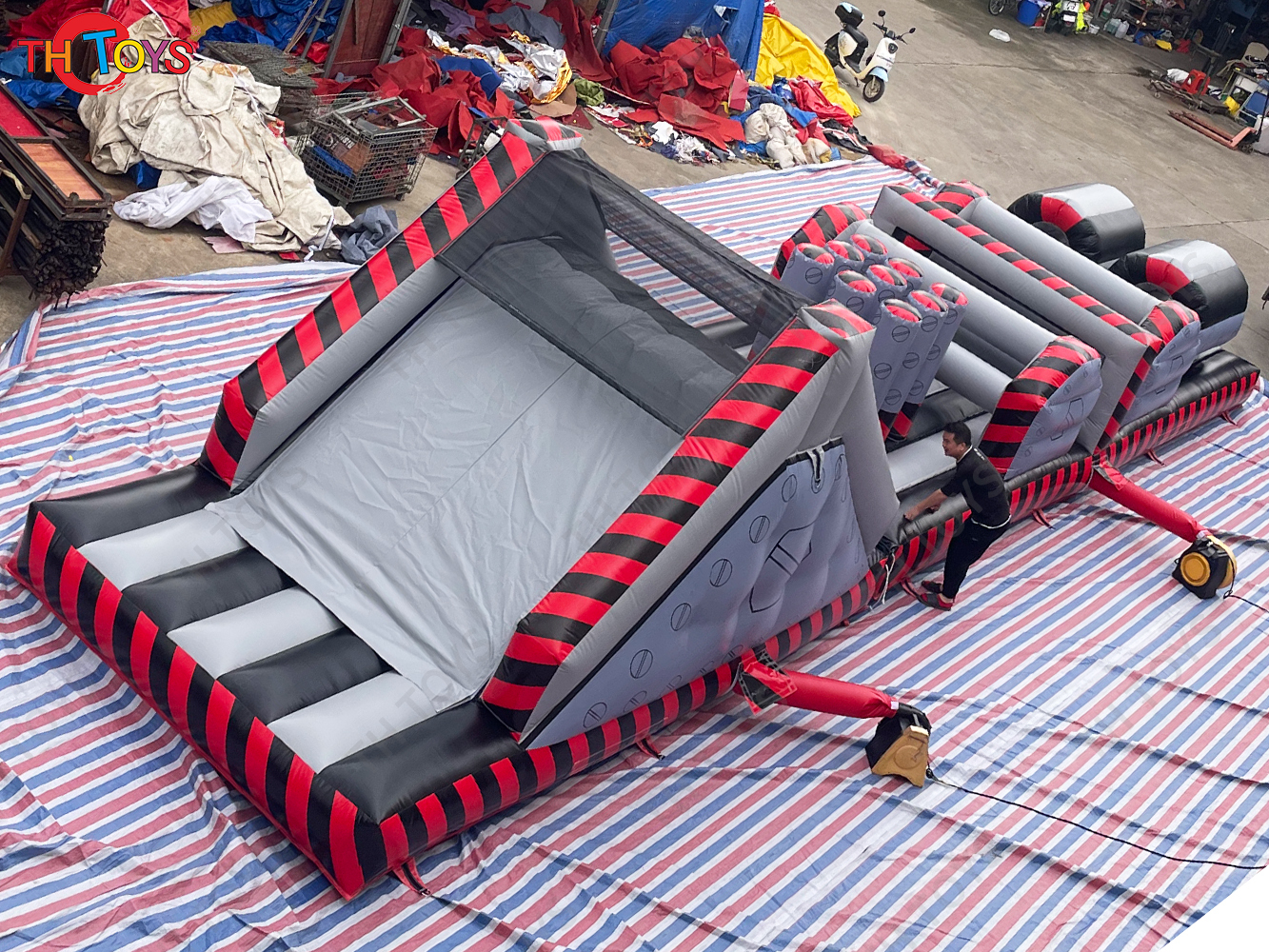 15x3x4m Commercial outdoor interactive challenge inflatable obstacle course for team work building sport games