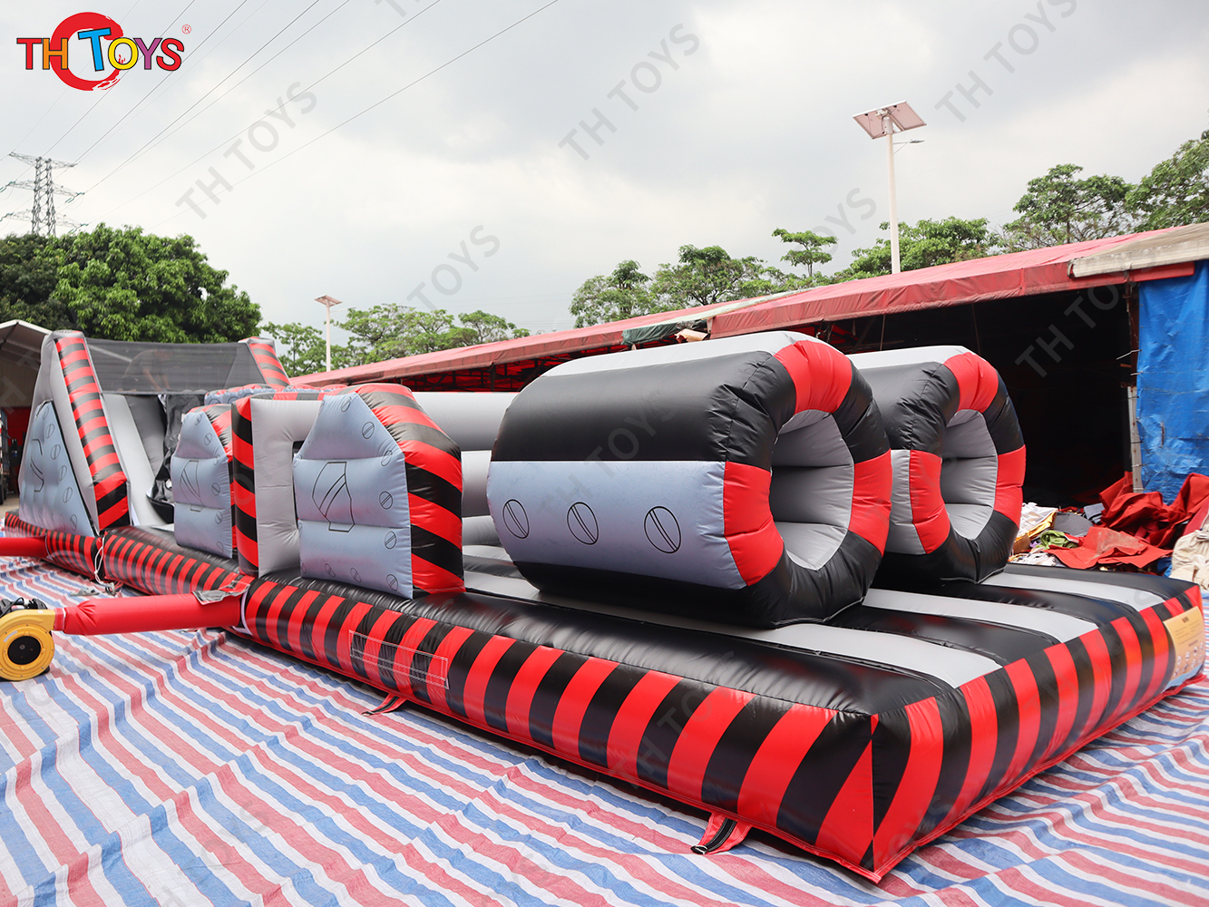 15x3x4m Commercial outdoor interactive challenge inflatable obstacle course for team work building sport games
