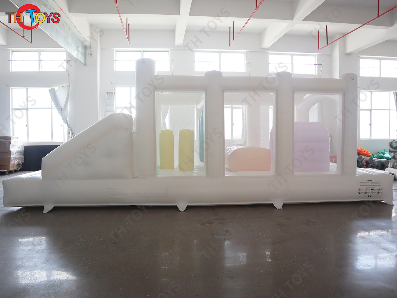7x2.5m inflatable obstacle course,kids commercial white bouncy slide with obstacle toys for sale