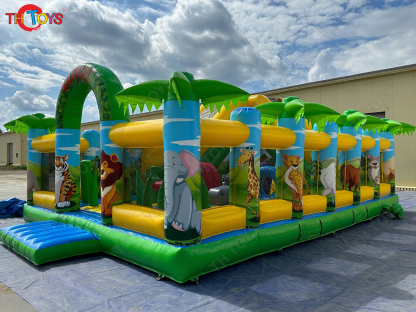 by ship to sea port，Amusement Park jungle Inflatable Fun City,commerical Forest Animals bouncy slide inflatable playground