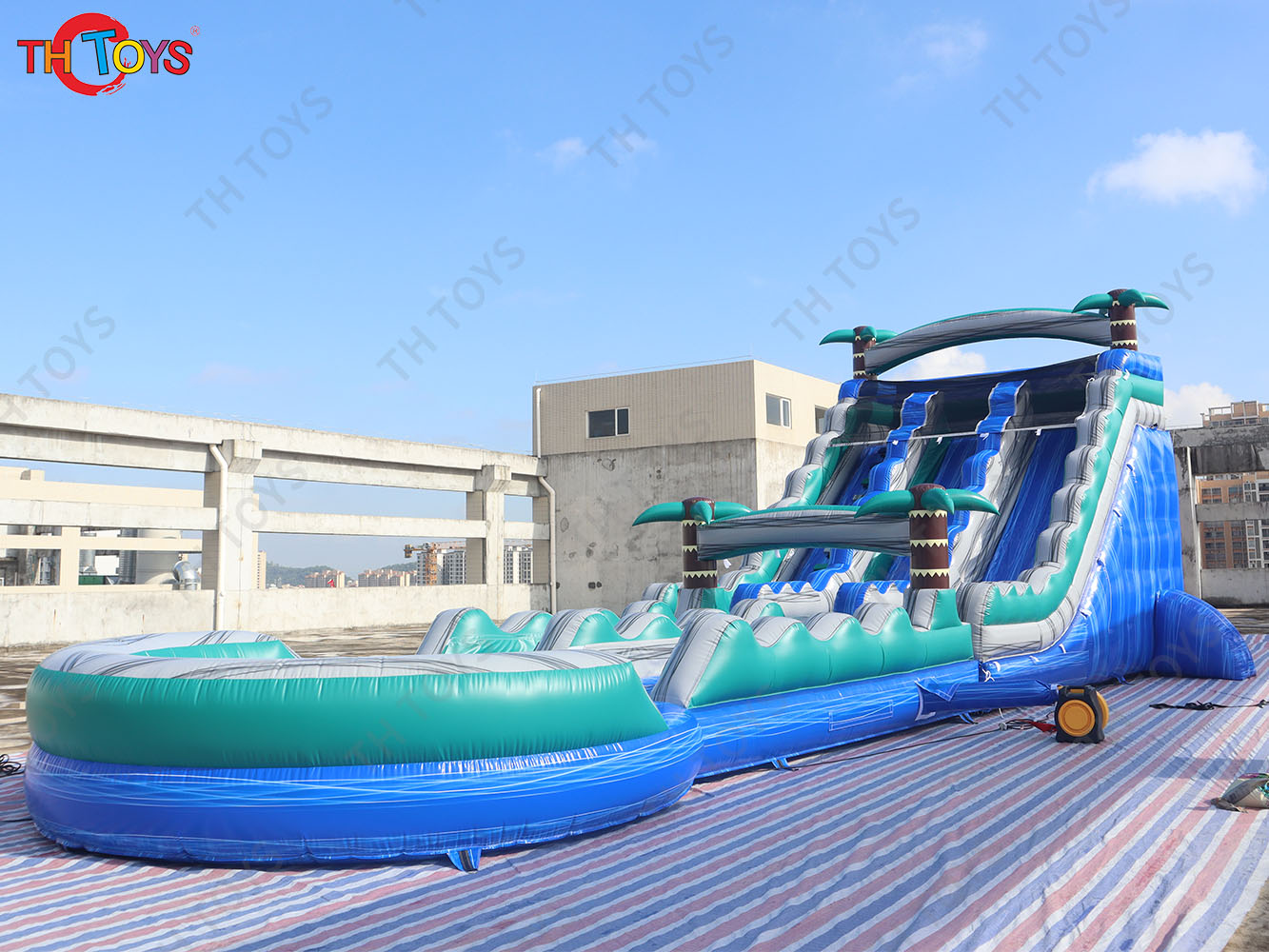 14m giant inflatable water slide, customized Inflatable Tropical Water Slide n slip with Pool for commercial rental