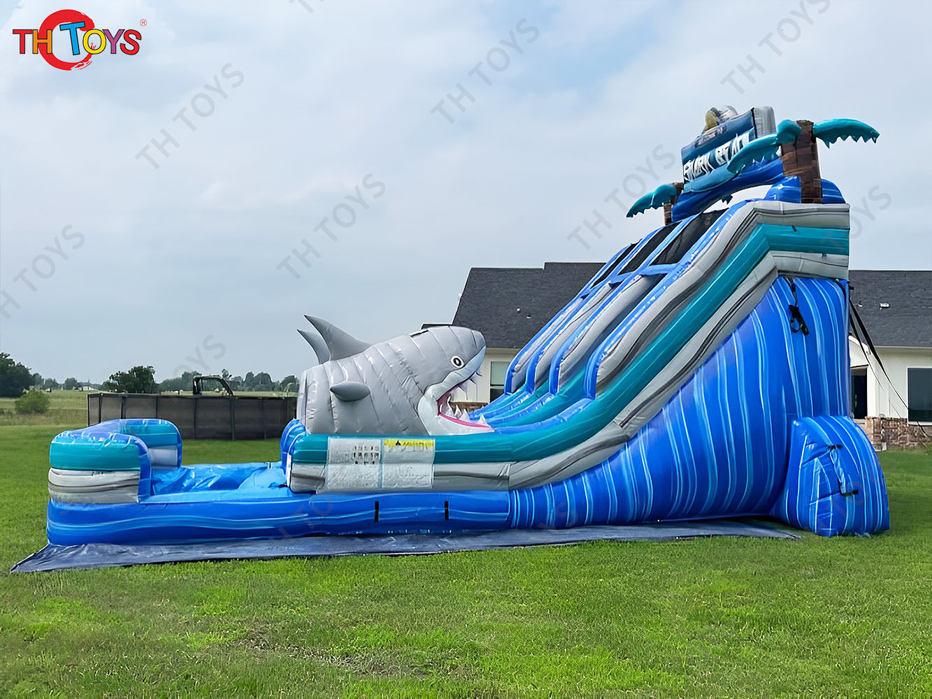 inflatable water slide, customized shark Inflatable slide with Pool for commercial rental