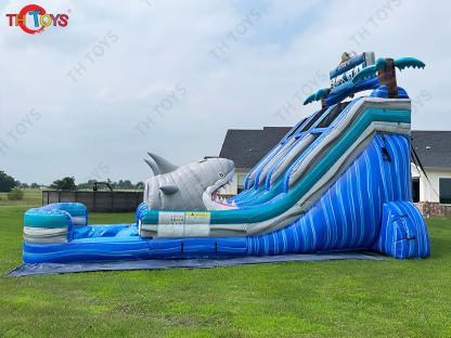 inflatable water slide, customized shark Inflatable slide with Pool for commercial rental