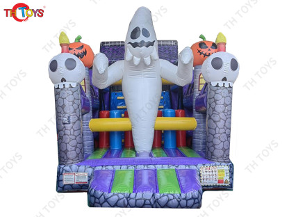 Ghost Pumpkin Inflatable Obstacle Course, Halloween Bouncy Obstacle House Race Game