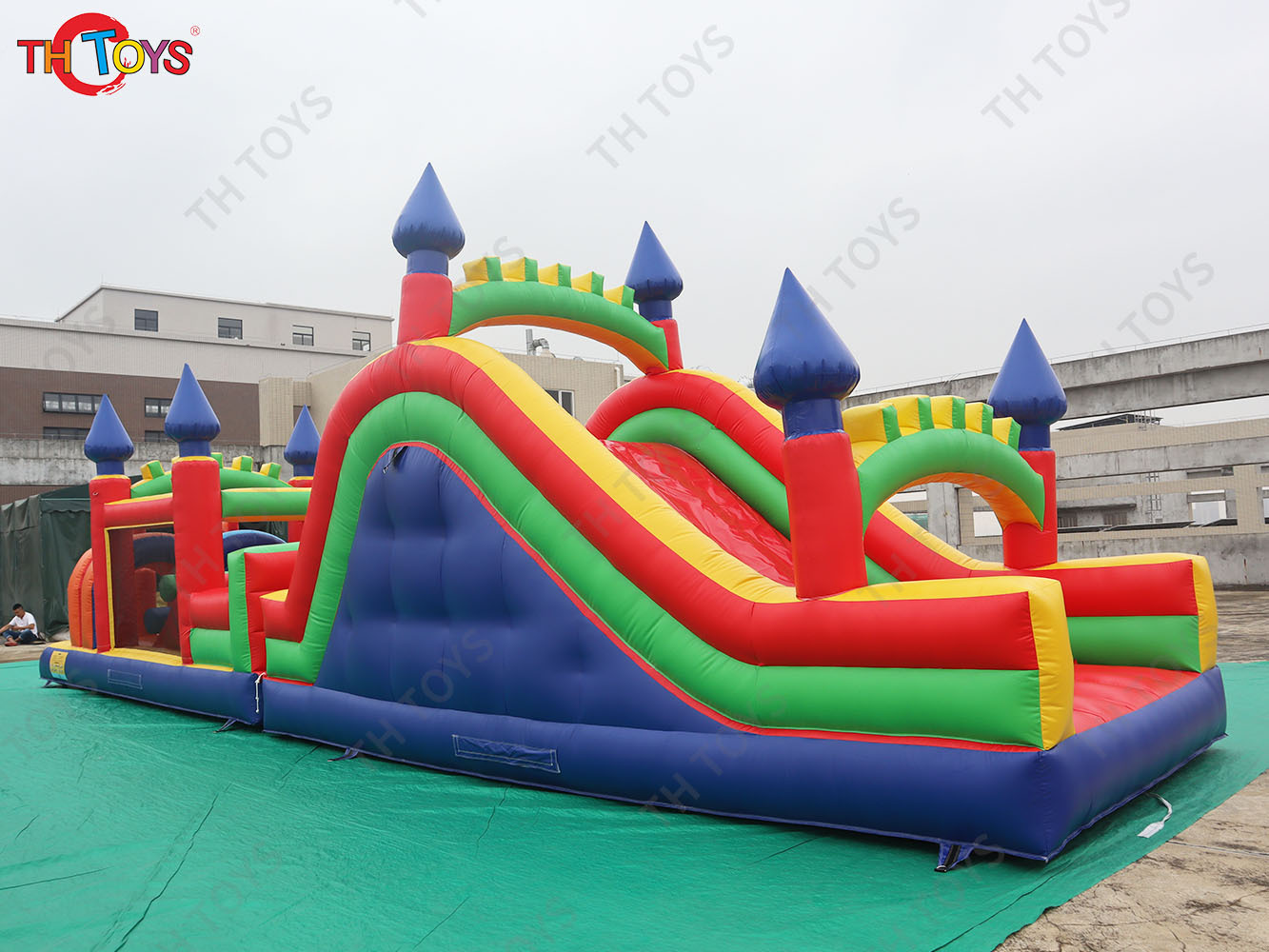 Team work Challenge Double Track inflatable Obstacle Course, Dual Channel Bouncy slide with obstacle sport game