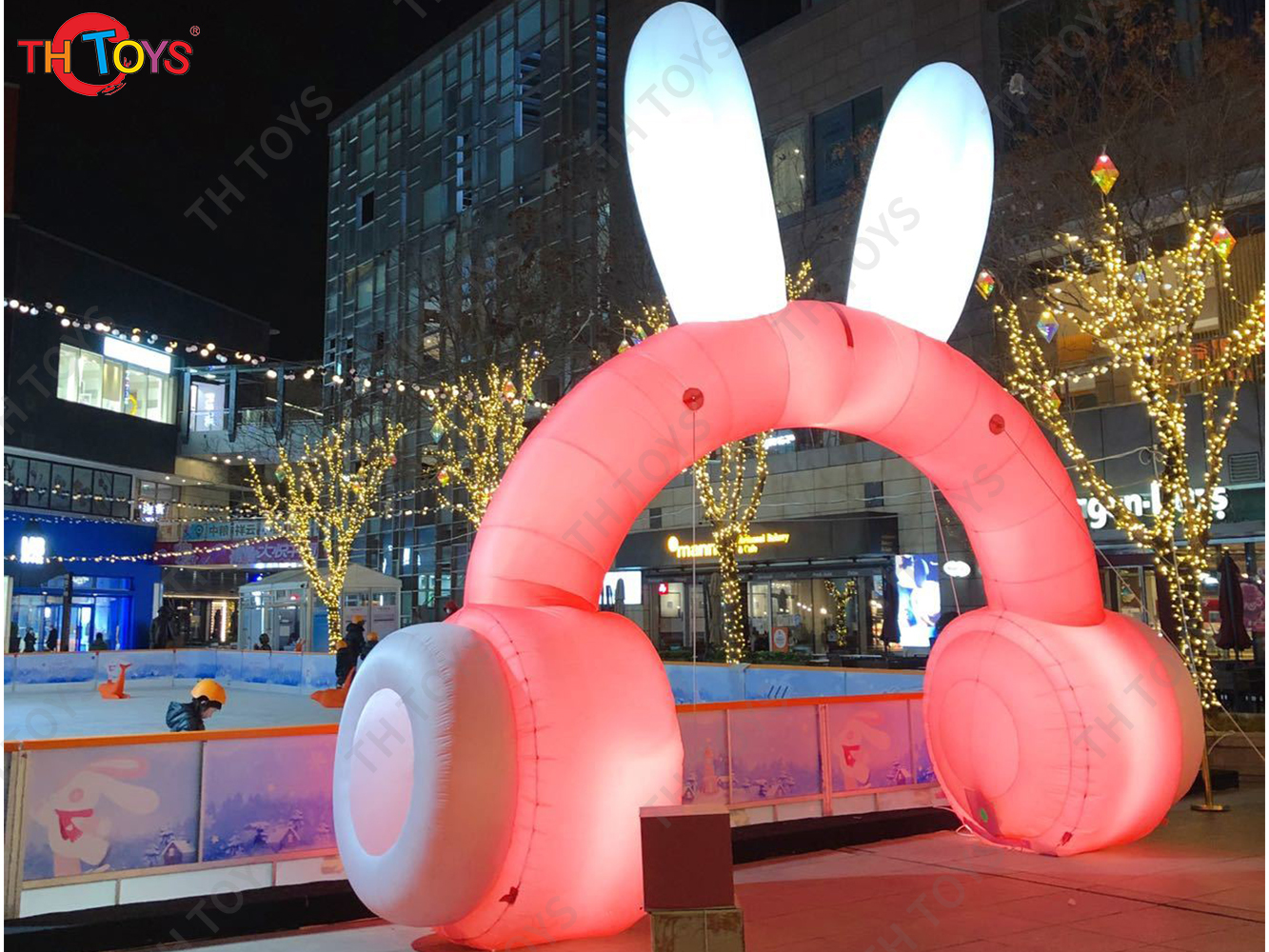 5m 17ft width Custom Inflatable Arch Rabbit Headphones, outdoor Pink Inflatable Archway with light
