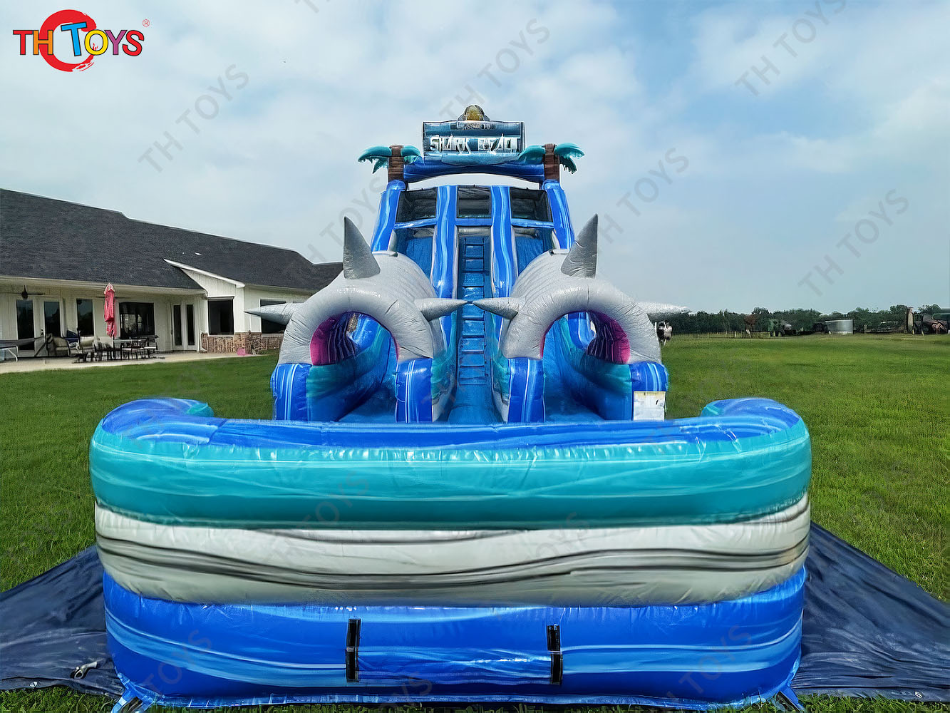 inflatable water slide, customized shark Inflatable slide with Pool for commercial rental
