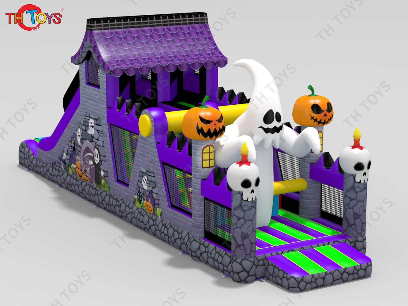 Ghost Pumpkin Inflatable Obstacle Course, Halloween Bouncy Obstacle House Race Game