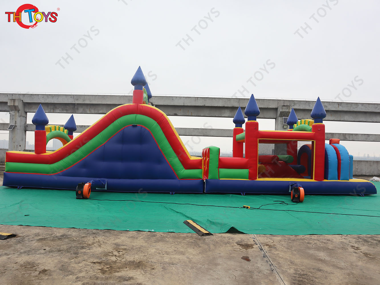 Team work Challenge Double Track inflatable Obstacle Course, Dual Channel Bouncy slide with obstacle sport game