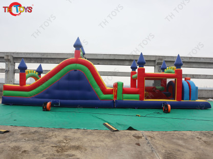 Team work Challenge Double Track inflatable Obstacle Course, Dual Channel Bouncy slide with obstacle sport game